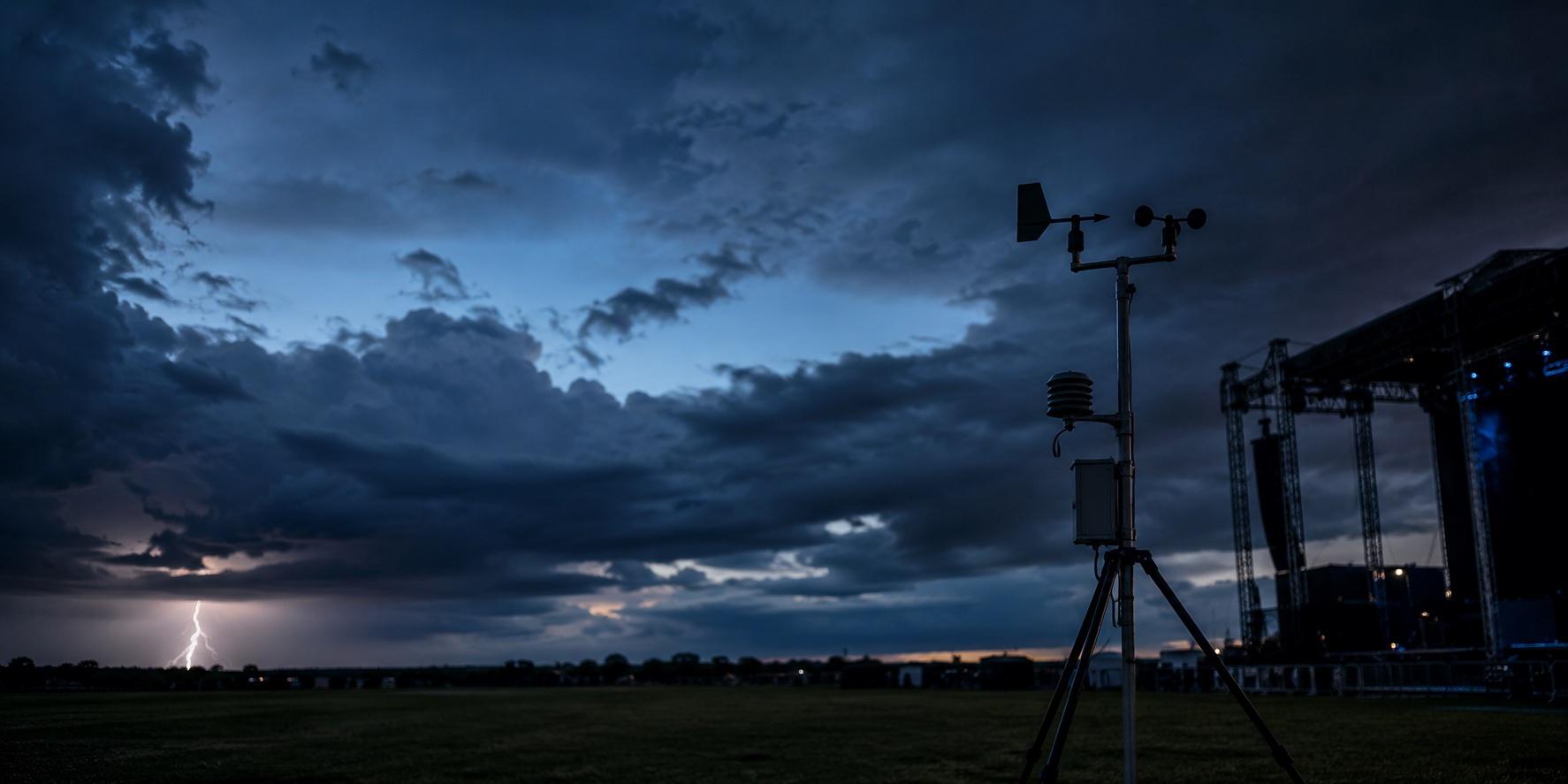 Weather station on a festival field with a lightning strike on the horizon
