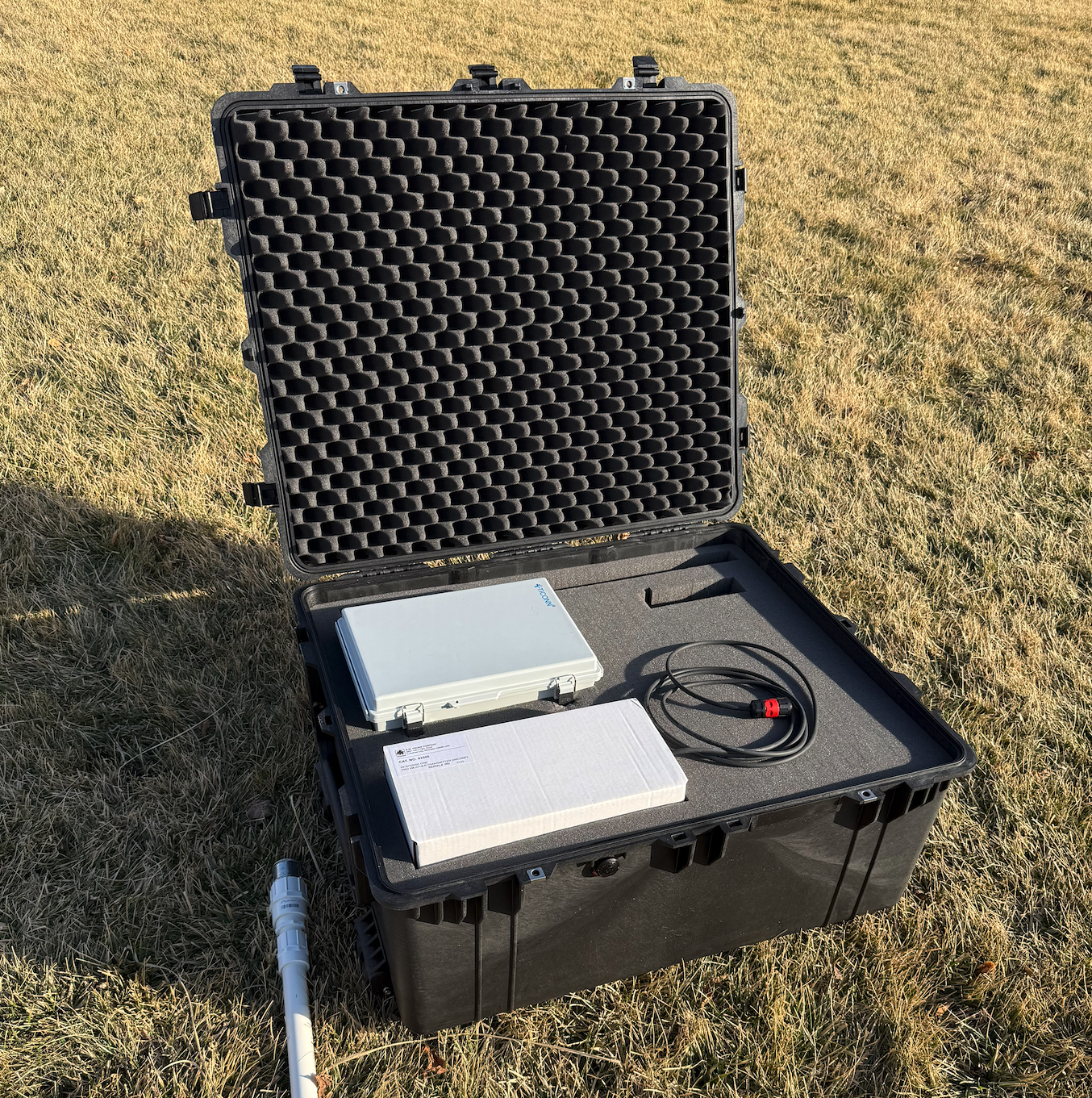 Weather station components packed in a Pelican case, ready for transport